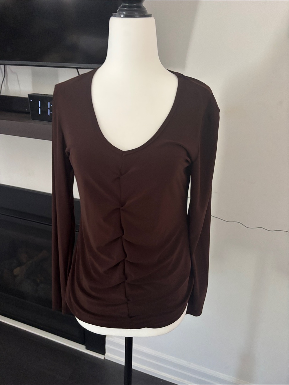 Long Sleeve V-Neck Ruched Front Top - Brown